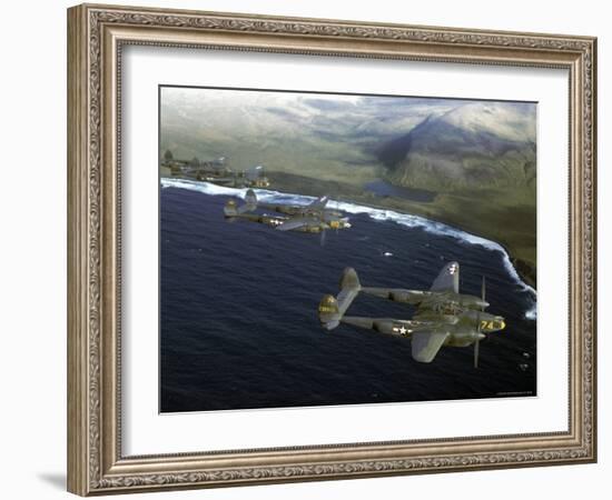 Excellent of a Squadron of American P-38 Fighters in Flight over an Aleutian Island-Dmitri Kessel-Framed Photographic Print