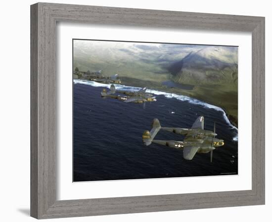 Excellent of a Squadron of American P-38 Fighters in Flight over an Aleutian Island-Dmitri Kessel-Framed Photographic Print