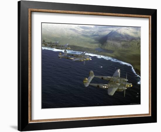 Excellent of a Squadron of American P-38 Fighters in Flight over an Aleutian Island-Dmitri Kessel-Framed Photographic Print