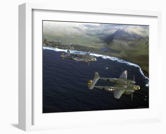 Excellent of a Squadron of American P-38 Fighters in Flight over an Aleutian Island-Dmitri Kessel-Framed Photographic Print