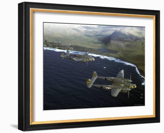 Excellent of a Squadron of American P-38 Fighters in Flight over an Aleutian Island-Dmitri Kessel-Framed Photographic Print