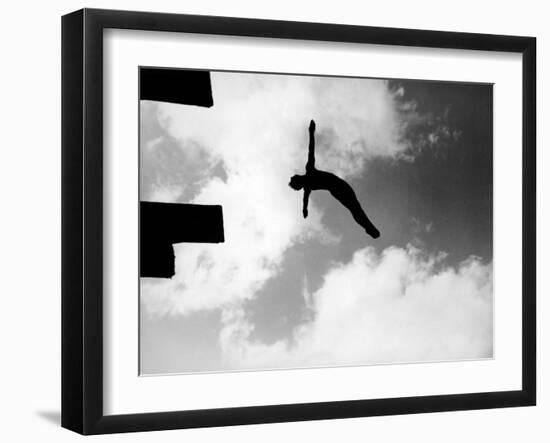 Excellent of Man Silhouetted Against Sky Doing Back Dive Off High Board-Rex Hardy Jr.-Framed Photographic Print