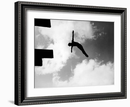 Excellent of Man Silhouetted Against Sky Doing Back Dive Off High Board-Rex Hardy Jr.-Framed Photographic Print