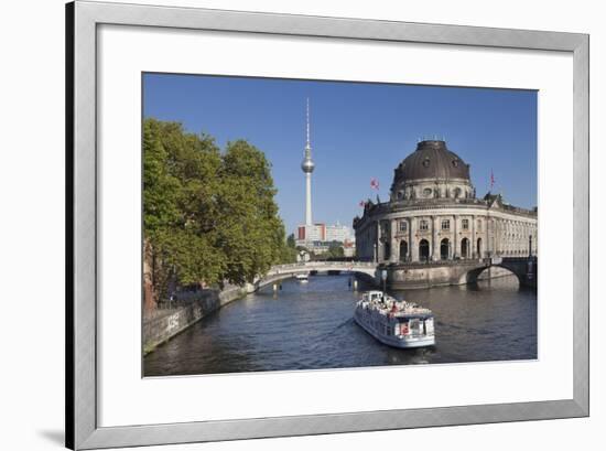 Excursion boat on Spree River, Bode Museum, Museum Island, UNESCO World Heritage, Berlin, Germany-Markus Lange-Framed Photographic Print