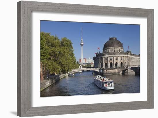 Excursion boat on Spree River, Bode Museum, Museum Island, UNESCO World Heritage, Berlin, Germany-Markus Lange-Framed Photographic Print