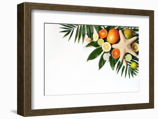 Exotic Composition of Seashells, Starfish, Mango, Lemons, Oranges, Lime Fruit and Lush Green Palm L-Tabitazn-Framed Photographic Print