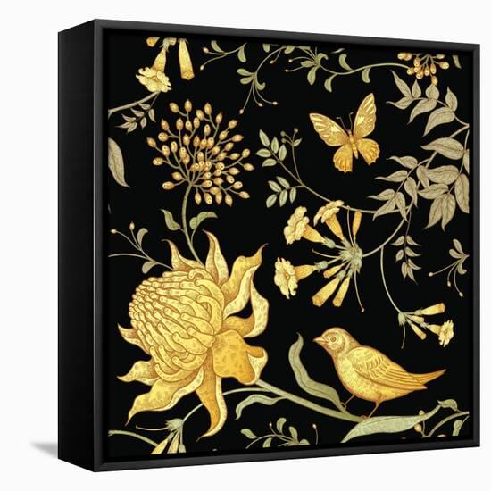 Exotic Flowers, Birds and Butterflies. Seamless Vector Floral Pattern in Style Vintage Luxury Fabri-mamita-Framed Stretched Canvas