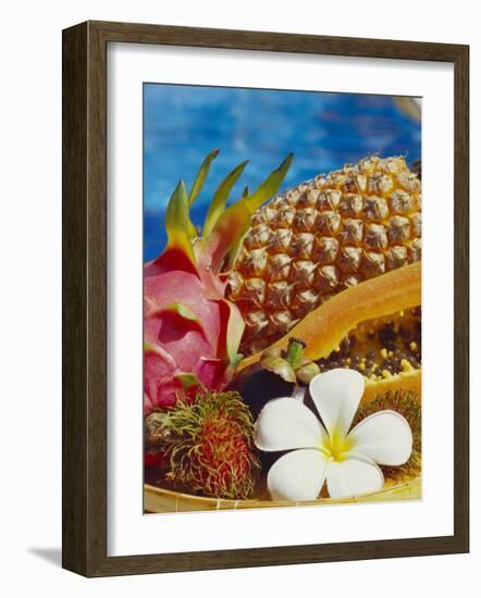 Exotic Fruits: Lychees, Red Pitahaya, Papaya, Pineapple-Vladimir Shulevsky-Framed Photographic Print