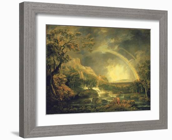 Extensive Wooded River Landscape, with Anglers Beside a Pool Below a Waterfall, and a Rainbow-George the Elder Barret-Framed Giclee Print