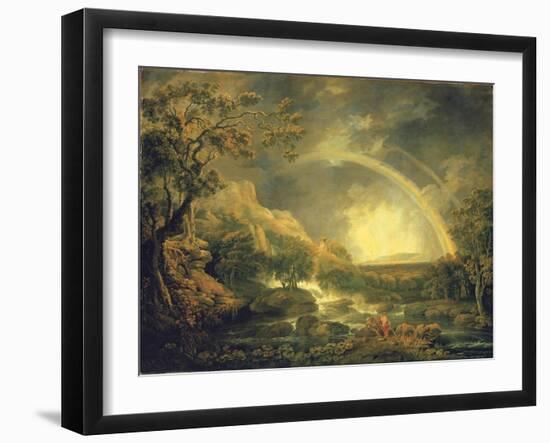 Extensive Wooded River Landscape, with Anglers Beside a Pool Below a Waterfall, and a Rainbow-George the Elder Barret-Framed Giclee Print