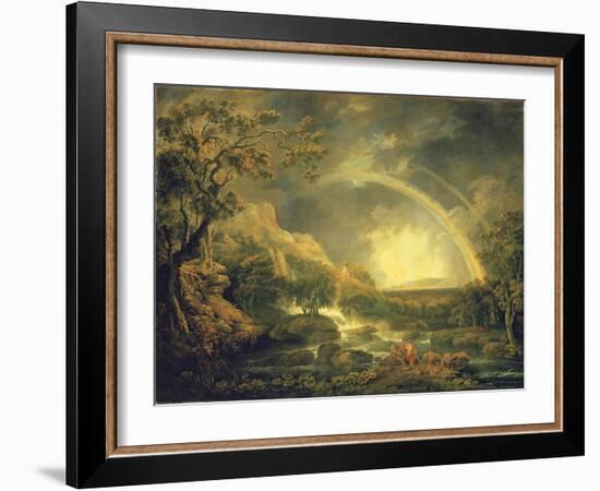 Extensive Wooded River Landscape, with Anglers Beside a Pool Below a Waterfall, and a Rainbow-George the Elder Barret-Framed Giclee Print