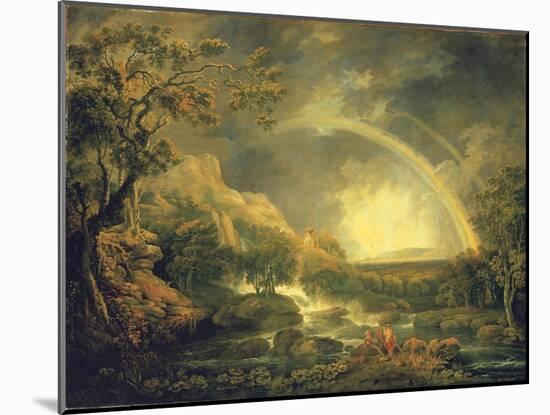 Extensive Wooded River Landscape, with Anglers Beside a Pool Below a Waterfall, and a Rainbow-George the Elder Barret-Mounted Giclee Print