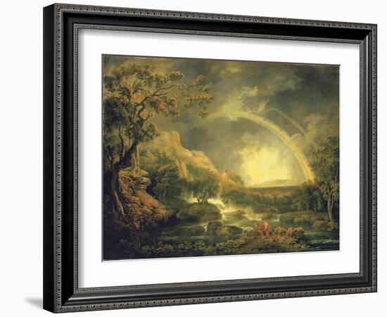 Extensive Wooded River Landscape, with Anglers Beside a Pool Below a Waterfall, and a Rainbow-George the Elder Barret-Framed Giclee Print