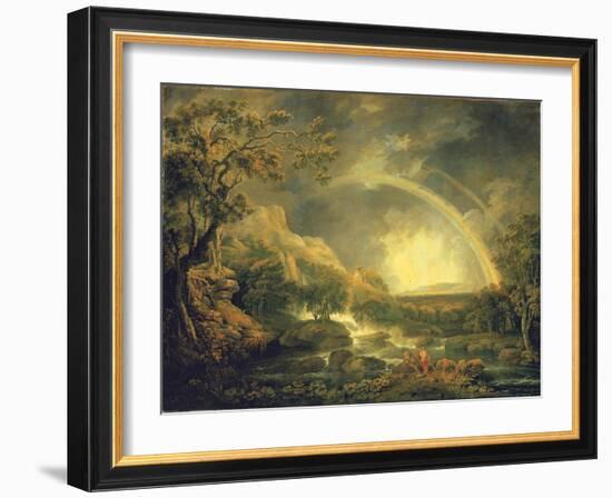 Extensive Wooded River Landscape, with Anglers Beside a Pool Below a Waterfall, and a Rainbow-George the Elder Barret-Framed Giclee Print