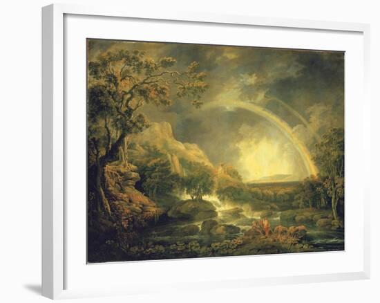 Extensive Wooded River Landscape, with Anglers Beside a Pool Below a Waterfall, and a Rainbow-George the Elder Barret-Framed Giclee Print