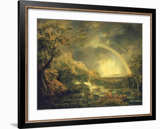 Extensive Wooded River Landscape, with Anglers Beside a Pool Below a Waterfall, and a Rainbow-George the Elder Barret-Framed Giclee Print