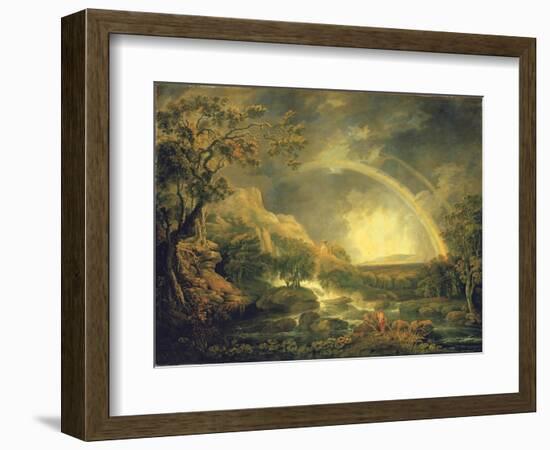 Extensive Wooded River Landscape, with Anglers Beside a Pool Below a Waterfall, and a Rainbow-George the Elder Barret-Framed Giclee Print