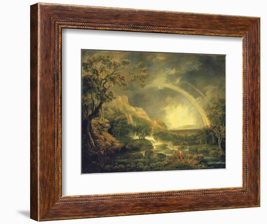 Extensive Wooded River Landscape, with Anglers Beside a Pool Below a Waterfall, and a Rainbow-George the Elder Barret-Framed Giclee Print