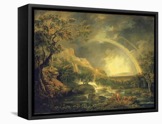 Extensive Wooded River Landscape, with Anglers Beside a Pool Below a Waterfall, and a Rainbow-George the Elder Barret-Framed Premier Image Canvas
