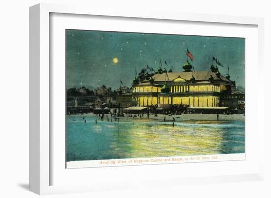 Exterior Night View of the Neptune Casino and Beach - Santa Cruz, CA-Lantern Press-Framed Art Print