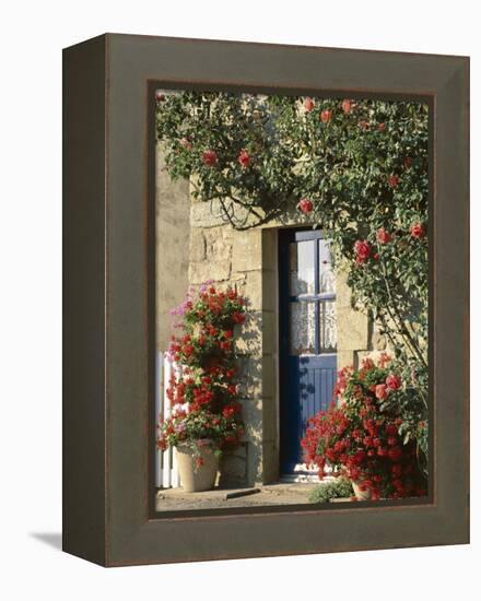 Exterior of a Blue Door Surrounded by Red Flowers, Roses and Geraniums, St. Cado, Brittany, France-Ruth Tomlinson-Framed Premier Image Canvas