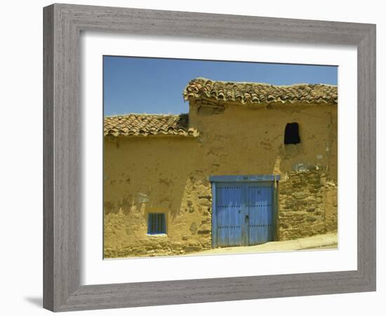 Exterior of an Adobe House with a Tile Roof and Blue Door, Salamanca, Castile Leon, Spain-Michael Busselle-Framed Photographic Print