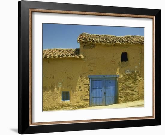 Exterior of an Adobe House with a Tile Roof and Blue Door, Salamanca, Castile Leon, Spain-Michael Busselle-Framed Photographic Print