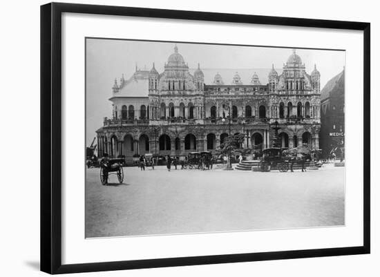 Exterior of Large Bank with Carriages in Front-null-Framed Photographic Print