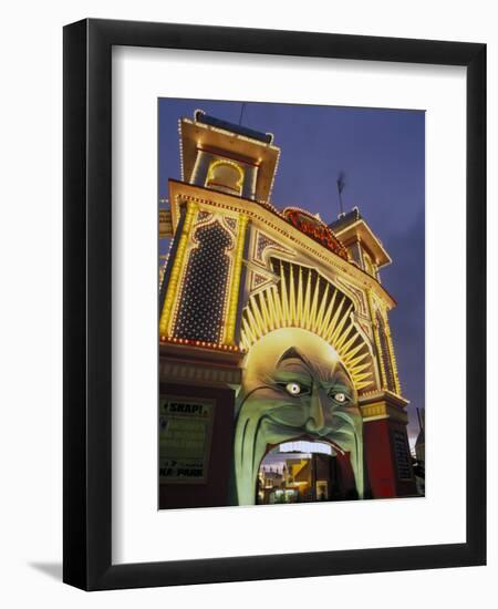 Exterior of Luna Park Entrance Illuminated at Twilight, St. Kilda, Melbourne, Victoria, Australia-Richard Nebesky-Framed Photographic Print