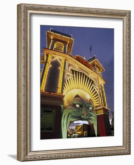 Exterior of Luna Park Entrance Illuminated at Twilight, St. Kilda, Melbourne, Victoria, Australia-Richard Nebesky-Framed Photographic Print