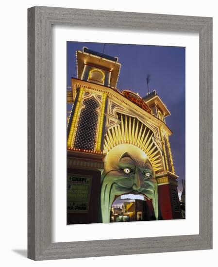 Exterior of Luna Park Entrance Illuminated at Twilight, St. Kilda, Melbourne, Victoria, Australia-Richard Nebesky-Framed Photographic Print