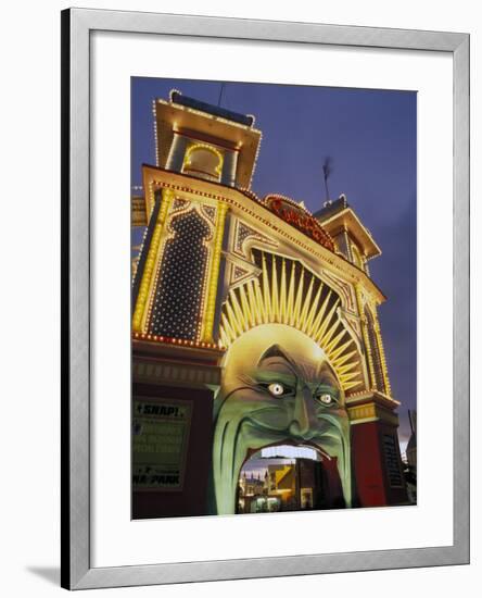 Exterior of Luna Park Entrance Illuminated at Twilight, St. Kilda, Melbourne, Victoria, Australia-Richard Nebesky-Framed Photographic Print