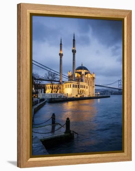 Exterior of Ortakoy Mosque and Bosphorus Bridge at Night, Ortakoy, Istanbul, Turkey-Ben Pipe-Framed Premier Image Canvas