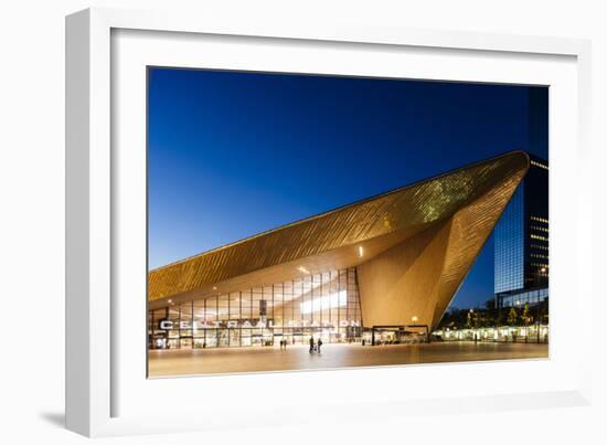 Exterior of Rotterdam Central Station at night, Rotterdam, Netherlands, Europe-Ben Pipe-Framed Photographic Print