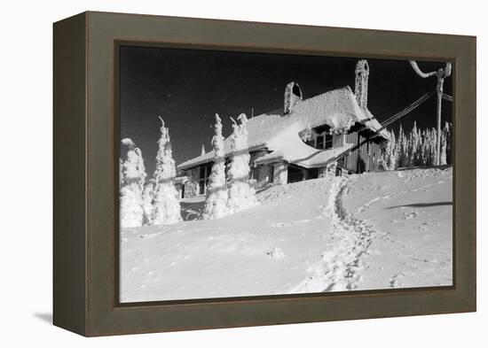 Exterior View of Mt. Spokane Lodge in Winter - Mt. Spokane, WA-Lantern Press-Framed Stretched Canvas