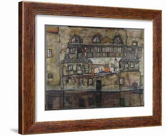 Exterior Wall by the Riverside. 1915-Egon Schiele-Framed Giclee Print