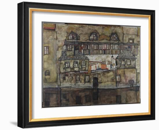 Exterior Wall by the Riverside. 1915-Egon Schiele-Framed Giclee Print