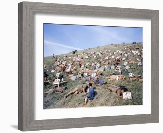 Extras Playing Dead People Hold Numbered Cards Between Takes During Filming of "Spartacus"-J^ R^ Eyerman-Framed Photographic Print