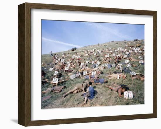 Extras Playing Dead People Hold Numbered Cards Between Takes During Filming of "Spartacus"-J^ R^ Eyerman-Framed Photographic Print