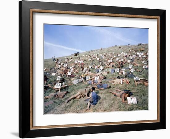 Extras Playing Dead People Hold Numbered Cards Between Takes During Filming of "Spartacus"-J^ R^ Eyerman-Framed Photographic Print