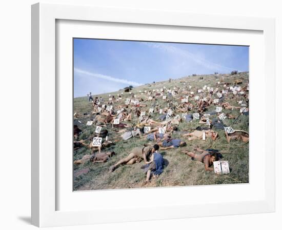 Extras Playing Dead People Hold Numbered Cards Between Takes During Filming of "Spartacus"-J^ R^ Eyerman-Framed Photographic Print