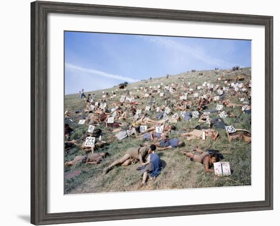 Extras Playing Dead People Hold Numbered Cards Between Takes During Filming of "Spartacus"-J^ R^ Eyerman-Framed Photographic Print