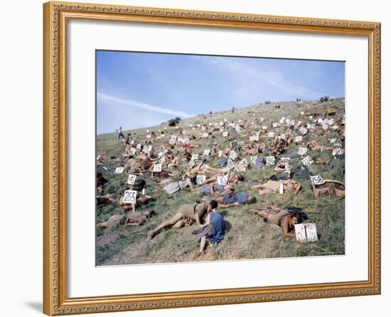 Extras Playing Dead People Hold Numbered Cards Between Takes During Filming of "Spartacus"-J^ R^ Eyerman-Framed Photographic Print