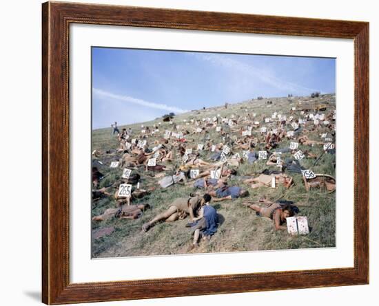 Extras Playing Dead People Hold Numbered Cards Between Takes During Filming of "Spartacus"-J^ R^ Eyerman-Framed Photographic Print