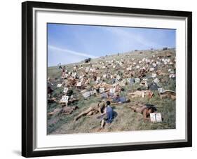 Extras Playing Dead People Hold Numbered Cards Between Takes During Filming of "Spartacus"-J^ R^ Eyerman-Framed Photographic Print