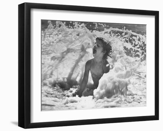 Exuberant Young Girl Getting Splashed by a Wave in the Surf at Jones Beach-Alfred Eisenstaedt-Framed Photographic Print