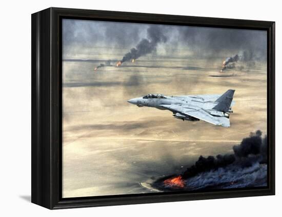 F-14 Fighter Flies over Burning Kuwaiti Oil During First Gulf War, March 1, 1991-null-Framed Stretched Canvas