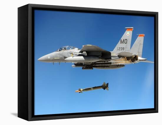 F-15 Strike Eagle Fighter Drops a Guided Bomb in Exercises, Ca. 1980s-null-Framed Stretched Canvas