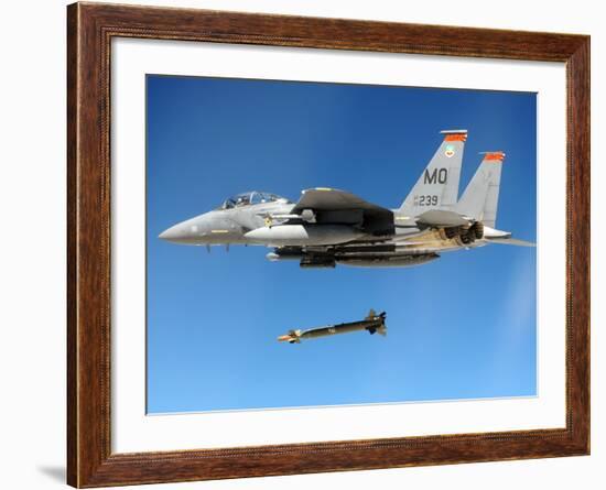 F-15 Strike Eagle Fighter Drops a Guided Bomb in Exercises, Ca. 1980s-null-Framed Photo