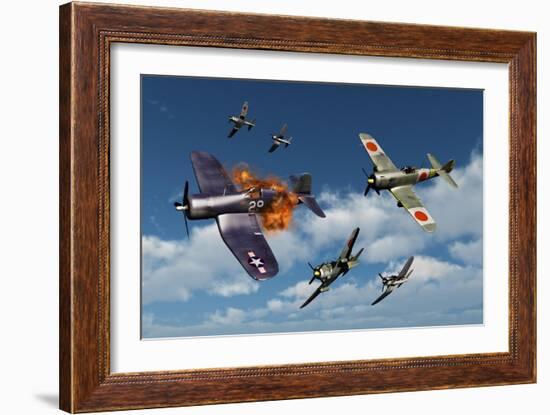 F4U Corsair Aircraft and Japanese Nakajima Fighter Planes in Aerial Combat-null-Framed Art Print